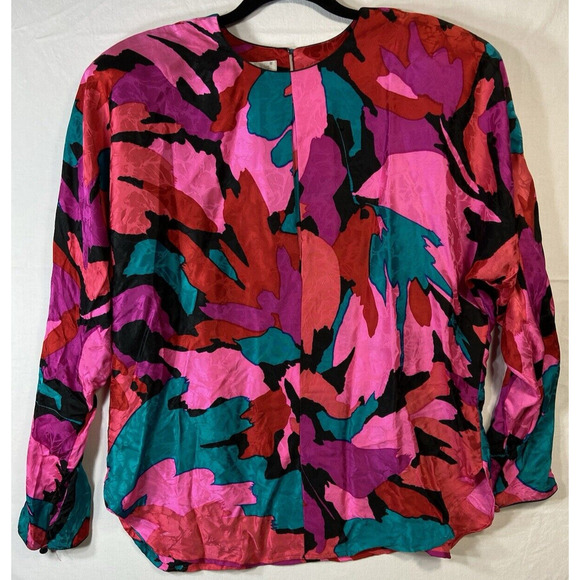 Flora Kung VTG Blouse Womens 14 100% Silk 80s Abstract Art To Wear Long Sleeve - Picture 1 of 8